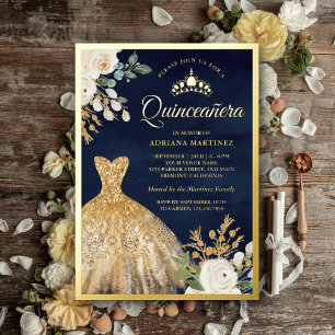 Sparkling Gown Ivory Floral Navy Quinceanera Gold