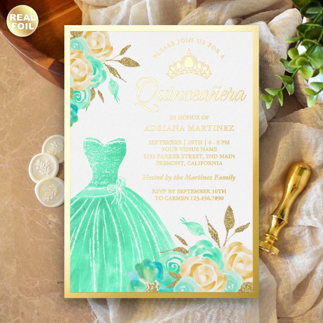Sparkling Gown Mint Green Floral Quinceanera Gold (Creator Uploaded)