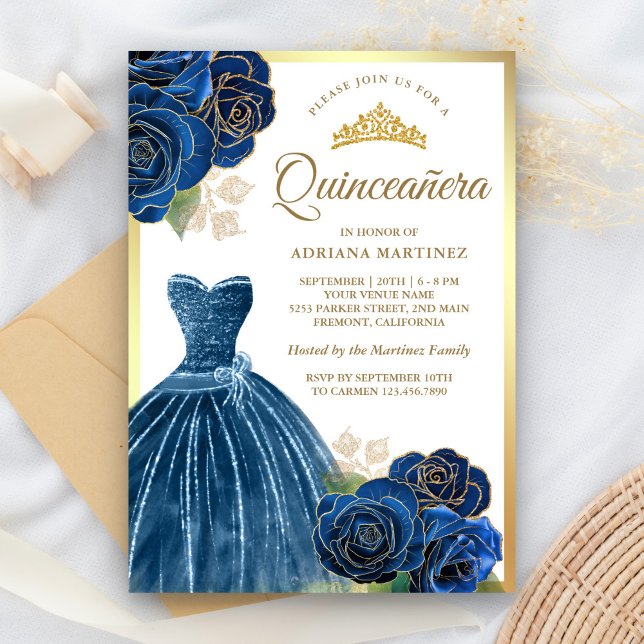 Sparkling Gown Navy Blue Roses Gold Quinceanera Invitation (Creator Uploaded)
