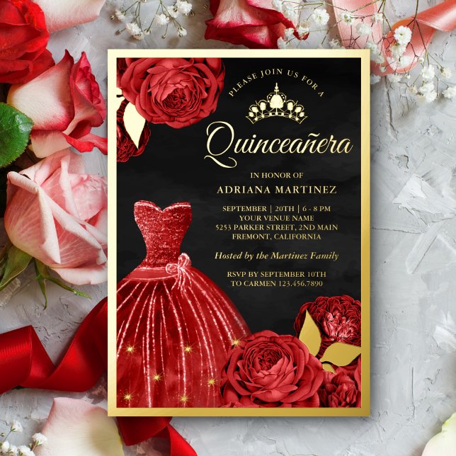 Sparkling Gown Red Roses Black Quinceanera Gold (Creator Uploaded)