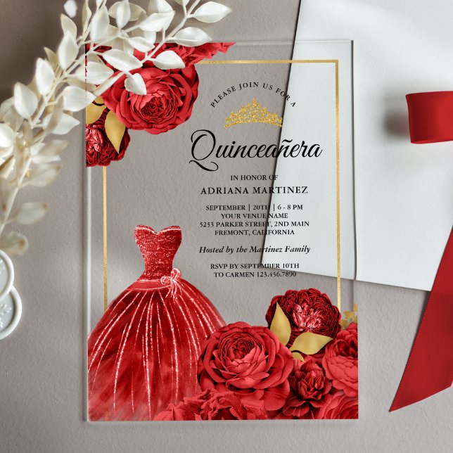 Sparkling Gown Red Roses Gold Quinceanera Acrylic Invitations (Creator Uploaded)