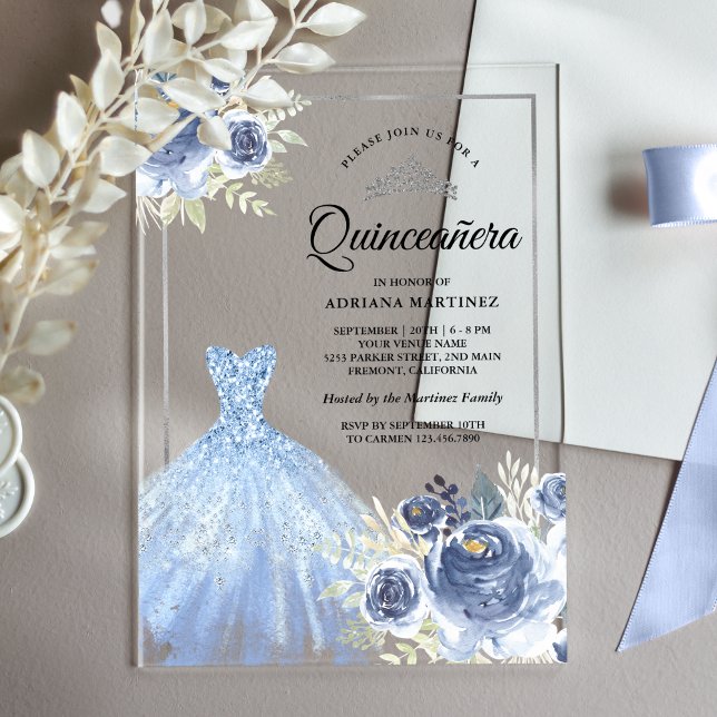 Sparkling Gown Soft Blue Roses Silver Quinceanera Acrylic Invitations (Creator Uploaded)