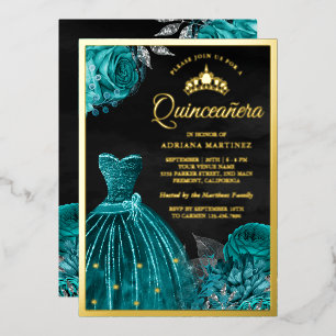 Sparkling Gown Teal Roses Black Quinceanera Gold