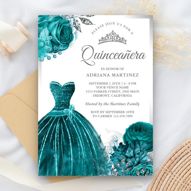 Sparkling Gown Teal Roses Silver Quinceanera Invitation (Creator Uploaded)