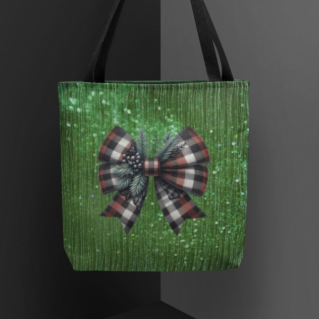 Sparkling Green Big Plaid Black Bow Tote Bag (Creator Uploaded)