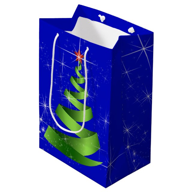 Sparkling Green Ribbon Christmas Tree Medium Gift Bag (Front Angled)