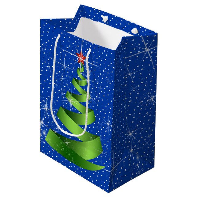 Sparkling Green Ribbon Christmas Tree Medium Gift Bag (Front Angled)