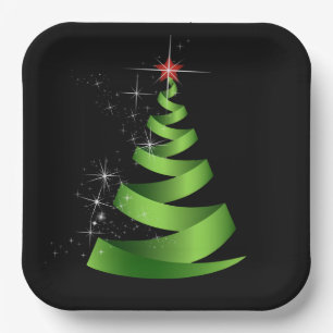 Sparkling Green Ribbon Christmas Tree Paper Plate