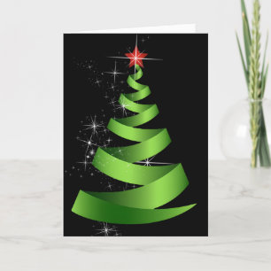 Sparkling Green Ribbon Christmas Trees Holiday Card