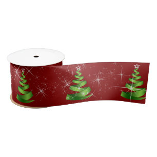 Sparkling Green Ribbon Christmas Trees On Red Satin Ribbon