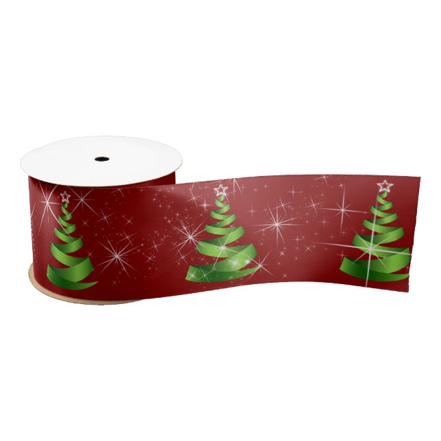 Sparkling Green Ribbon Christmas Trees On Red Satin Ribbon (Spool)