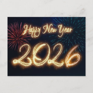 Sparkling Happy New Year 2026 Fireworks Holiday Postcard