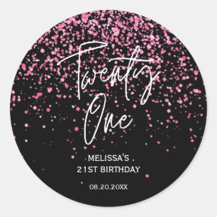 Sparkling Hot Pink Glitter Black 21st Birthday  Classic Round Sticker