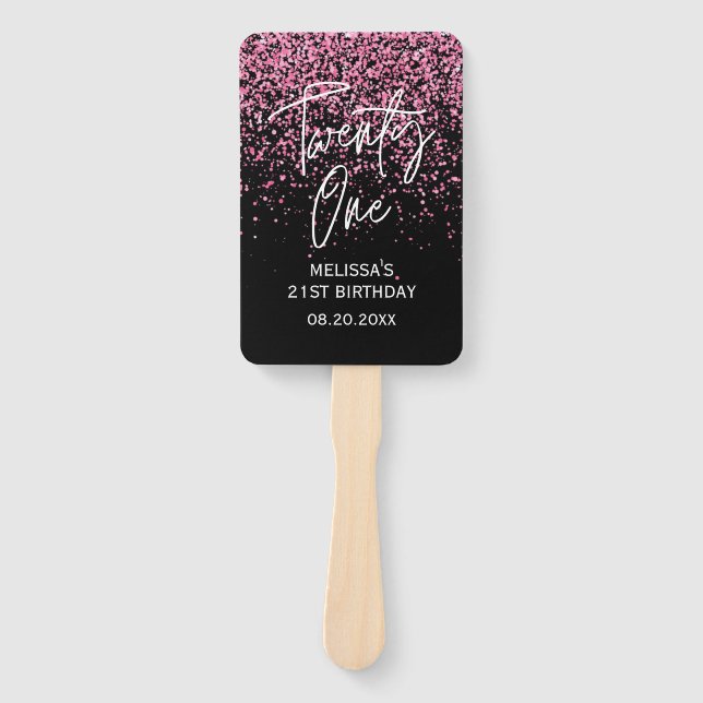 Sparkling Hot Pink Glitter Black 21st Birthday Hand Fan (Front)