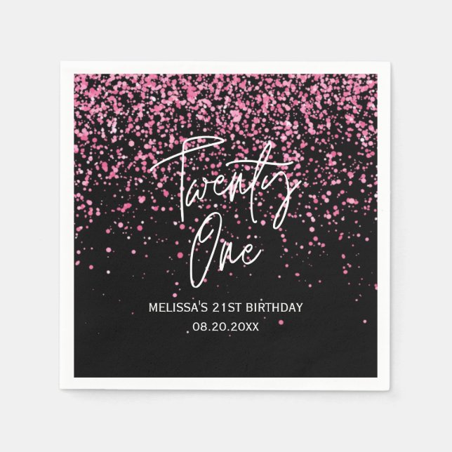 Sparkling Hot Pink Glitter Black 21st Birthday Napkin (Front)