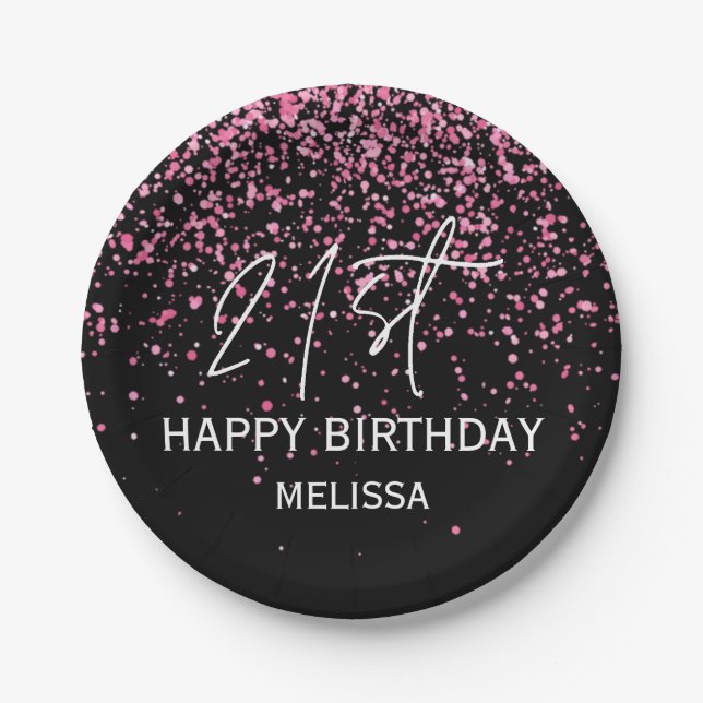 Sparkling Hot Pink Glitter Black 21st  Birthday Paper Plate (Front)