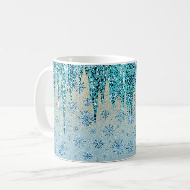 Sparkling Icicle and Snowflake Winter Background Coffee Mug (Front Left)