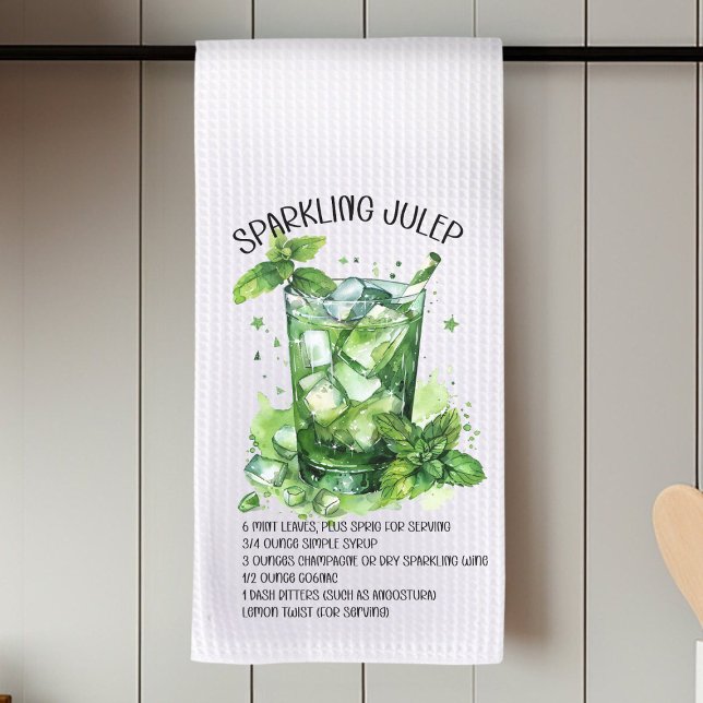 Sparkling Juleps Cocktail Recipe Watercolor  Tea Towel (Sparkling Juleps Cocktail Recipe Watercolor Kitchen Towel)