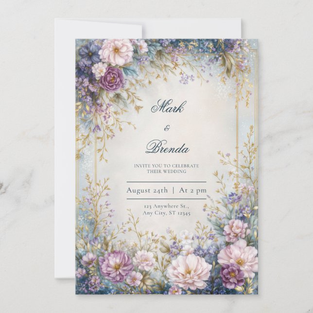 Sparkling Lavender Indigo Gold Border Wedding Invitation (Front)