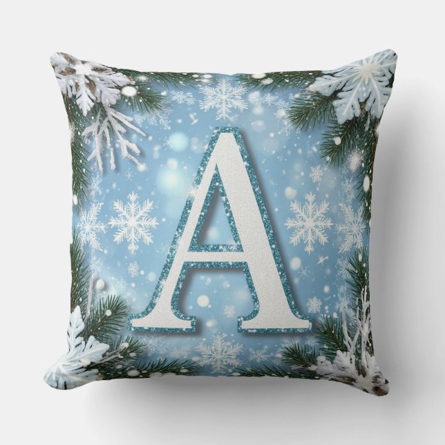 🎄 Sparkling Letter A Christmas Monogram Snowflake Cushion (Front)