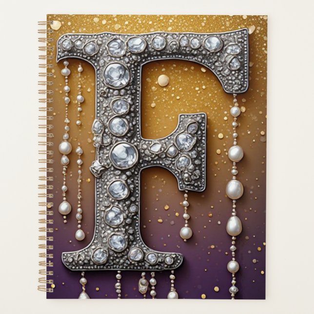 Sparkling Letter F With Gold Glitter Drip Planner (Front)