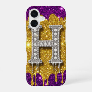 Sparkling Letter H With Gold Glitter Drip iPhone 16 Case