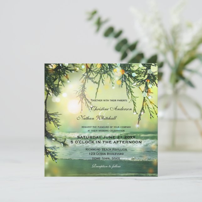 Sparkling Lights Beach Wedding Invitation (Standing Front)