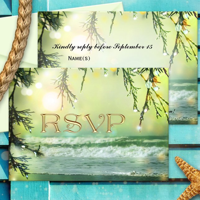 Sparkling Lights Beach Wedding RSVP Card (RSVP card with an image of a magical beach with sparkling lights in warm yellow green and teal light)