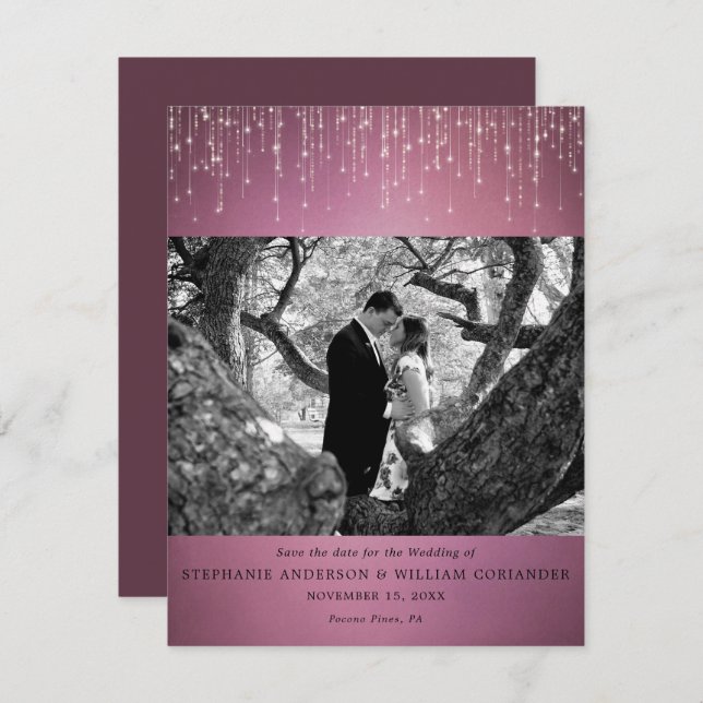 Sparkling Lights Cranberry Photo Save the Date Invitation (Front/Back)