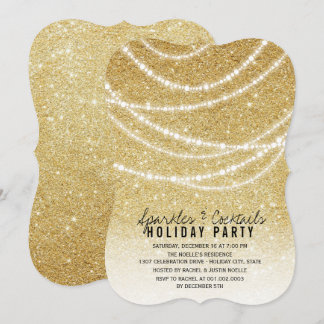 Sparkling Lights Gold Glitter Holiday Party Invite