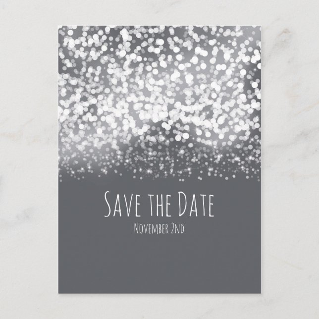 Sparkling Lights Grey Silver Modern Save the Date Announcement Postcard (Front)