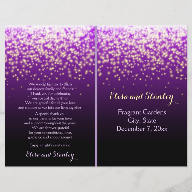 Sparkling lights in the sky purple wedding program (Front)