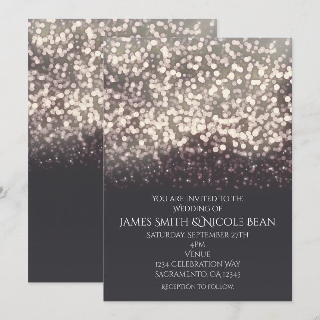 Sparkling Lights Romantic Modern Grey Wedding Invitation (Front/Back)