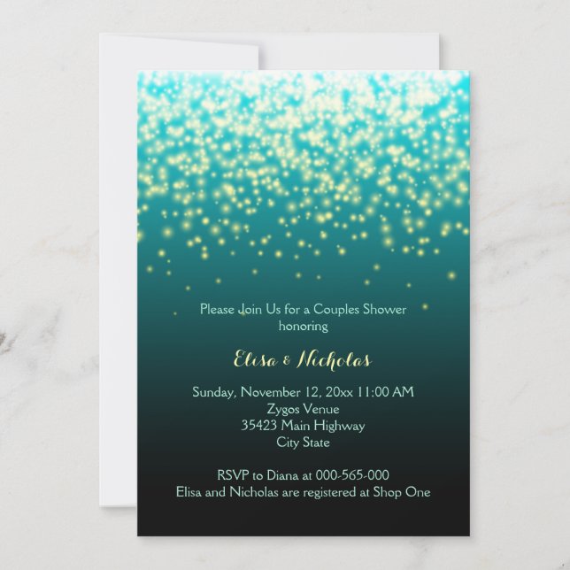 Sparkling lights teal, aqua wedding couples shower invitation (Front)