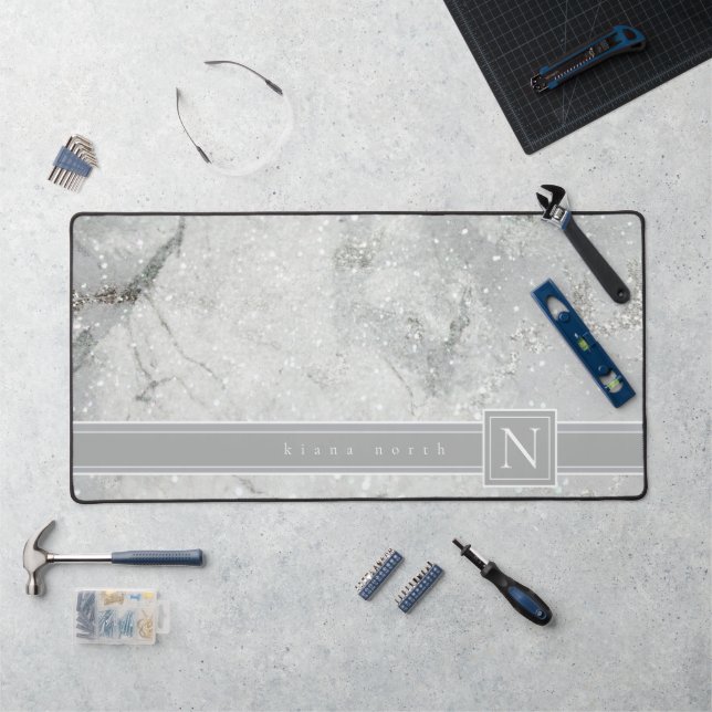 Sparkling Marble Monogram Neutral Grey Std ID672 Desk Mat (Workstation)