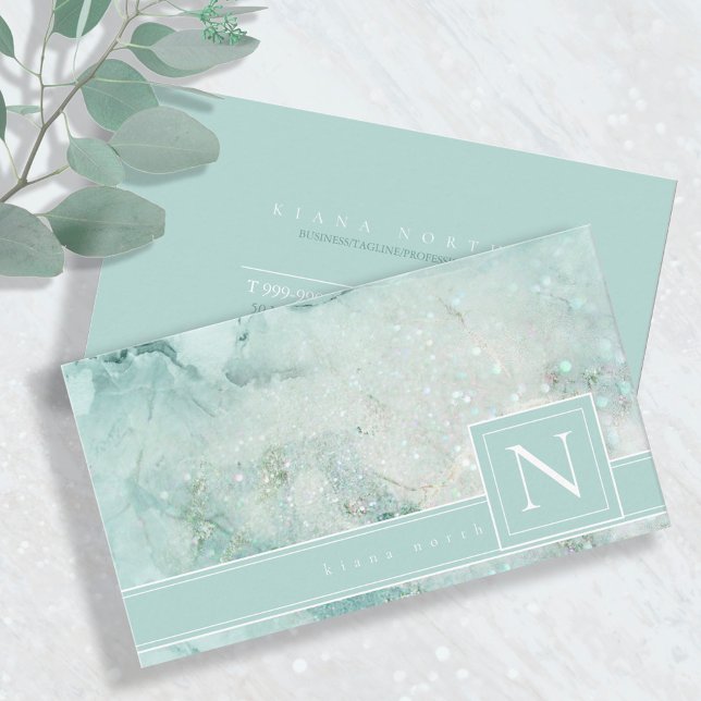 Sparkling Marble Monogram Pastel Green Std ID672 Business Card (Creator Uploaded)