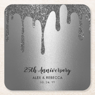Sparkling Metallic Silver Drips 25th Anniversary S Square Paper Coaster