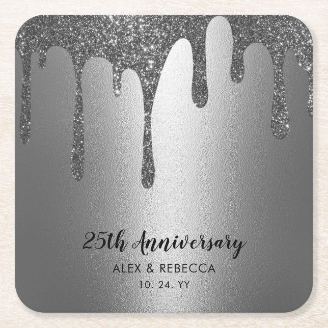 Sparkling Metallic Silver Drips 25th Anniversary S Square Paper Coaster (Front)