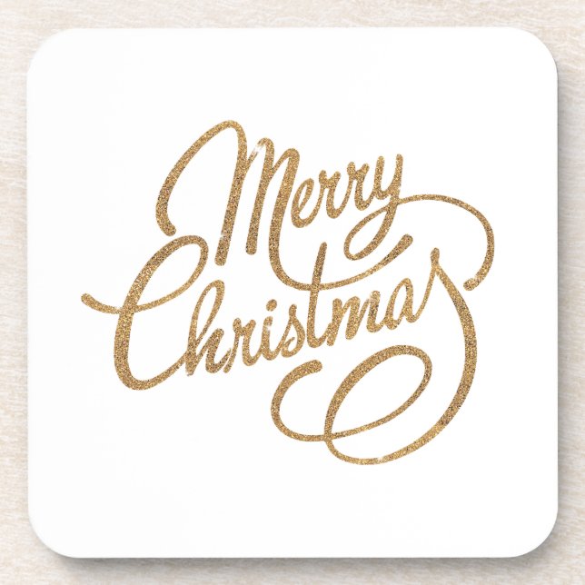 Sparkling Minimalist Gold Merry Christmas Phrase Coaster (Front)