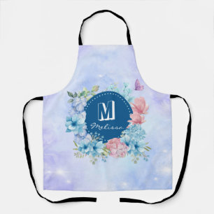 Sparkling Modern Purple Blue Watercolor Floral Apron
