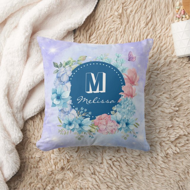 Sparkling Modern Purple Blue Watercolor Floral  Cushion (Blanket)