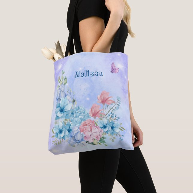 Sparkling Modern Purple Blue Watercolor Floral Tote Bag (Close Up)