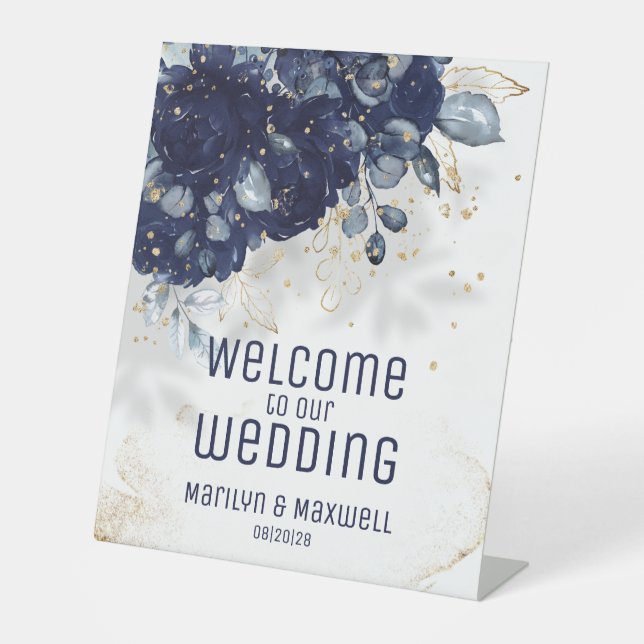 Sparkling Navy Blue Welcome To Our Wedding Pedestal Sign (Front)