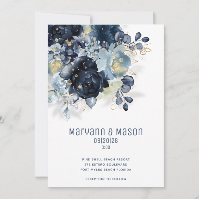 Sparkling Navy Gold Dusty Blue Modern Wedding Announcement (Front)