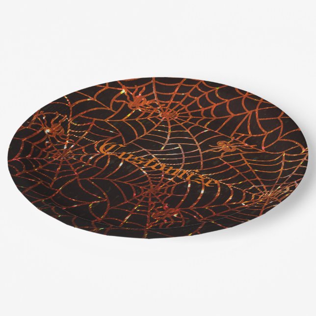 Sparkling Orange Spider Webs Paper Plate (Angled)
