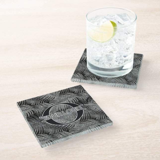 Sparkling Palm Leaves Pattern Silver ID831 Glass Coaster (Angled)