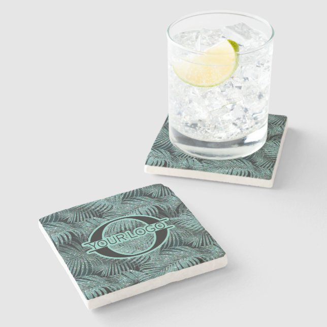 Sparkling Palm Leaves Pattern Teal ID831 Stone Coaster (Side)