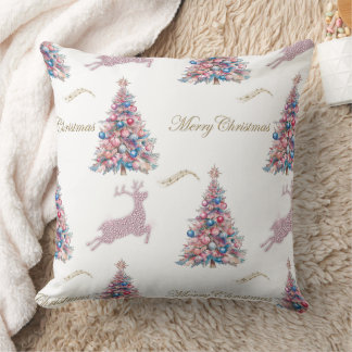Sparkling Pastel Christmas Trees and Reindeer  Cushion