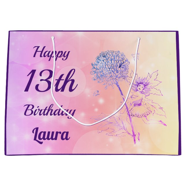 Sparkling Pink  Flower Fairy 13th birthday Large Gift Bag (Front)