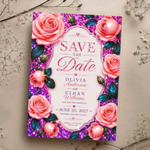 Sparkling Pink Glitter Rose Save The Date